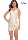 Picture of: Metallic Short Dress with Ruching and Ruffle Skirt in White Gold, Detail Picture 1