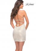 Picture of: Metallic Short Dress with Ruching and Ruffle Skirt in White Gold, Detail Picture 2