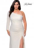 Picture of: One Shoulder Long Sleeve Metallic Plus Size Gown in White Gold, Style: 28878, Detail Picture 4