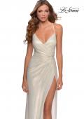 Picture of: Long Metallic Jersey Prom Dress with Knot Detail in White/Gold, Style: 28363, Main Picture