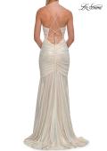 Picture of: Metallic Jersey Mermaid Gown with Draped Cowl Neckline and Lace-Up Back in White Gold, Style: 33412, Detail Picture 8