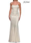 Picture of: Strapless Metallic Jersey Gown with Ruching and Fitted Silhouette in White Gold, Style: 33424, Detail Picture 11