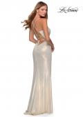Picture of: Long Metallic Jersey Prom Dress with Knot Detail in White/Gold, Style: 28363, Back Picture
