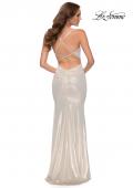 Picture of: Fitted Metallic Jersey Gown with Open Criss Cross Strappy Back in White, Style 29837, Back Picture