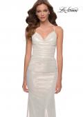 Picture of: Fitted Metallic Jersey Gown with Open Criss Cross Strappy Back in White, Style 29837, Detail Picture 1
