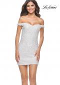 Picture of: Off the Shoulder Sequin Mini with Fringe Beaded Detail in White, Style: 31727, Main Picture