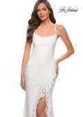 Picture of: Stretch Lace Dress with Ruffle Skirt Detail and Slit in White, Style 29650, Detail Picture 8