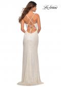 Picture of: Sequin Gown with Deep V Neckline and Lace Up Back in White, Detail Picture 8