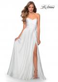 Picture of: Strapless Satin Gown with Pleated Bodice and Slit in White, Style: 28608, Detail Picture 9