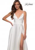 Picture of: Long Satin Dress with Side Slit and V Shaped Back in White, Style: 28607, Detail Picture 12