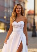Picture of: Strapless Satin A-Line Gown with Draped Bodice and High Slit in White, Style: 33417, Detail Picture 16