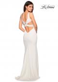 Picture of: Long Jersey Prom Dress with Cut Out Back Detail in White, Style: 27181, Back Picture