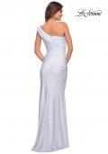 Picture of: One Shoulder Shiny Ruched Jersey Gown with Slit in White, Style: 30645, Back Picture