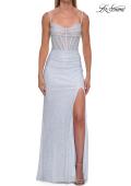 Picture of: Rhinestone Fitted Gown with Draped Bodice and Sheer Corset Back in White, Style: 33343, Detail Picture 21