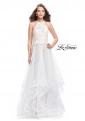 Picture of: Long Prom Ball Gown with Tulle Overlay and Beaded Top in White, Style: 25671, Detail Picture 1