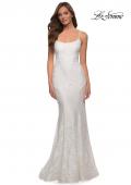 Picture of: Stretch Lace Gown with Lace Up Strappy Back in White, Style 29611, Detail Picture 2