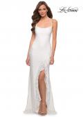 Picture of: Stretch Lace Dress with Ruffle Skirt Detail and Slit in White, Style 29650, Detail Picture 2
