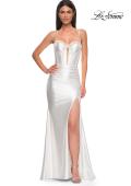 Picture of: Unique Stretch Satin Gown with Corset Bodice and Open Back in White , Style 32683, Detail Picture 2