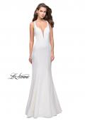 Picture of: Long Jersey Mermaid Dress with Deep V and Strappy Back in White, Style: 25594, Detail Picture 3