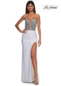 Picture of: Ruched Jersey Prom Dress with Rhinestone Top and Deep V in White, Style: 32729, Detail Picture 3