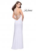 Picture of: Long Satin Halter Prom Dress with Criss Cross Back in White, Style: 25439, Detail Picture 2