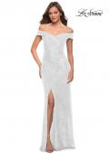Picture of: Off the Shoulder Ruched Sequin Dress with Slit in White, Style 29831, Detail Picture 4