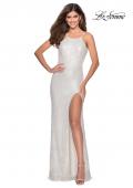 Picture of: HIgh Neck Sequin Gown with Open Back and Slit in White, Style: 28529, Detail Picture 7