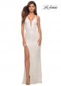 Picture of: Sequin Gown with Deep V Neckline and Lace Up Back in White, Detail Picture 7