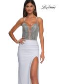 Picture of: Ruched Jersey Prom Dress with Rhinestone Top and Deep V in White, Style: 32729, Detail Picture 7