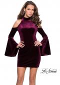 Picture of: Short Velvet Bell Sleeve Dress with Cold Shoulders in Wine, Style: 26628, Main Picture