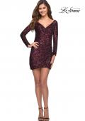 Picture of: Long Sleeve Sequin Dress with Ruching and Open Back in Wine, Style 30951, Main Picture
