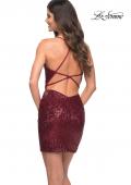 Picture of: Ruched Short Sequin Dress with Open Strappy Back in Wine, Back Picture