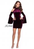 Picture of: Short Velvet Bell Sleeve Dress with Cold Shoulders in Wine, Style: 26628, Detail Picture 2