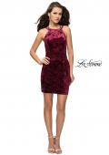 Picture of: High Neck Short Velvet Dress with Criss Cross Back Straps in Wine, Style: 26663, Detail Picture 4