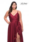 Picture of: Ruffle Slit Satin Long Plus Size Dress with V Neck in Wine, Style: 29740, Detail Picture 10