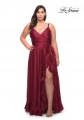Picture of: Ruffle Slit Satin Long Plus Size Dress with V Neck in Wine, Style: 29740, Detail Picture 1