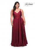 Picture of: Ruffle Slit Satin Long Plus Size Dress with V Neck in Wine, Style: 29740, Detail Picture 5