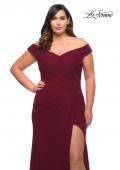 Picture of: Flattering Ruched Off the Shoulder Plus Size Dress in Wine, Style: 29722, Detail Picture 7
