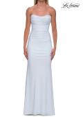 Picture of: Ruched Jersey Evening Gown with Draped Neckline and Sheer Corset Back in Wine, Style: 33415, Detail Picture 8