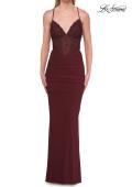 Picture of: Rhinestone Lace Jersey Gown with Ruched Back and Crisscross Straps in Wine, Style: 33504, Detail Picture 9