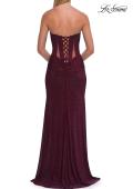 Picture of: Strapless Rhinestone Gown with Sheer Cutouts, Lace-Up Back, and High Slit in Wine, Style: 33327, Detail Picture 10