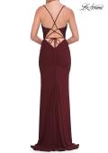 Picture of: Rhinestone Lace Jersey Gown with Ruched Back and Crisscross Straps in Wine, Style: 33504, Detail Picture 10