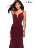 Picture of: Jersey Prom Dress with Strappy Back and Lace Accents in Wine, Style: 27474, Back Picture