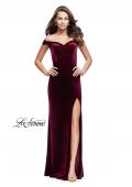 Picture of: Long Off the Shoulder Velvet Gown with Open Back in Wine, Style: 25400, Detail Picture 1