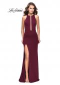 Picture of: Long Jersey Dress with High Neckline and Side Leg Slit in WIne, Style: 25477, Detail Picture 1