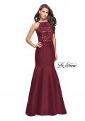 Picture of: Long Mermaid Prom Dress with Laser Cut Pattern Detail in Wine, Style: 25650, Detail Picture 1