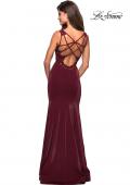 Picture of: Jersey Prom Dress with Strappy Back and Lace Accents in Wine, Style: 27474, Back Picture