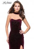 Picture of: Long Strapless Velvet Prom Gown with Cascading Beads in Wine, Style: 26239, Detail Picture 2