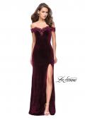 Picture of: Long Velvet Off the Shoulder Gown with Lace Detail in Wine, Style: 25591, Detail Picture 3
