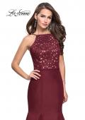 Picture of: Long Mermaid Prom Dress with Laser Cut Pattern Detail in Wine, Style: 25650, Detail Picture 3